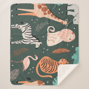 Exotic Animals: Dark Tropical Kids' Pattern. Sherpa Blanket