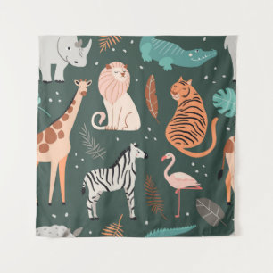 Exotic Animals: Dark Tropical Kids' Pattern. Tapestry