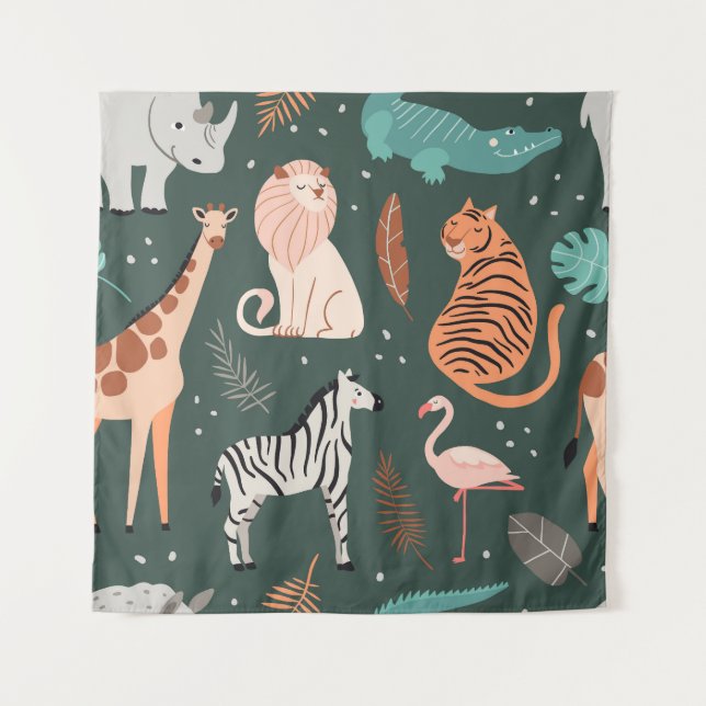 Exotic Animals: Dark Tropical Kids' Pattern. Tapestry (Front)