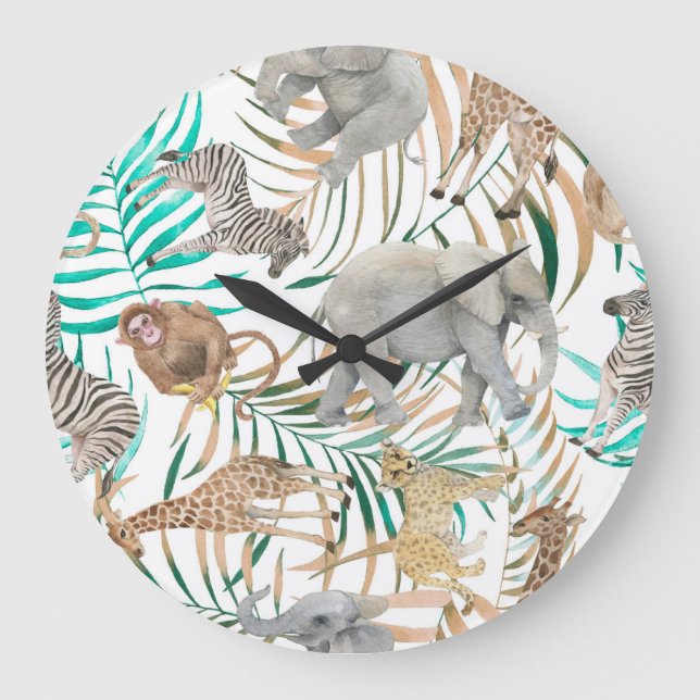 Exotic Animals: Watercolor Summer Pattern. Large Clock (Front)