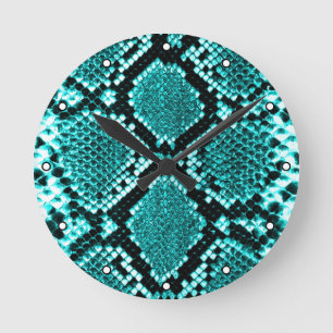 Exotic Aqua Diamond Rattlesnake Skin Animal Print Round Clock