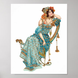 Exotic Art Nouveau Beauty in Teal Robes Poster