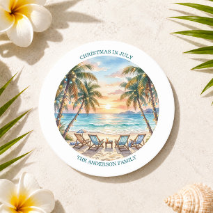 Exotic Beach Palm Trees Christmas in July Round Paper Coaster