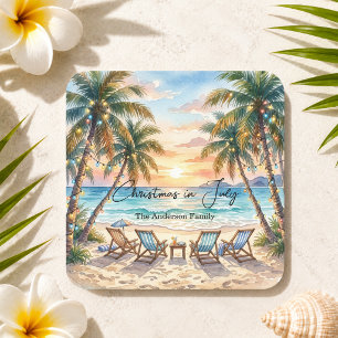 Exotic Beach Palm Trees Christmas in July Square Paper Coaster