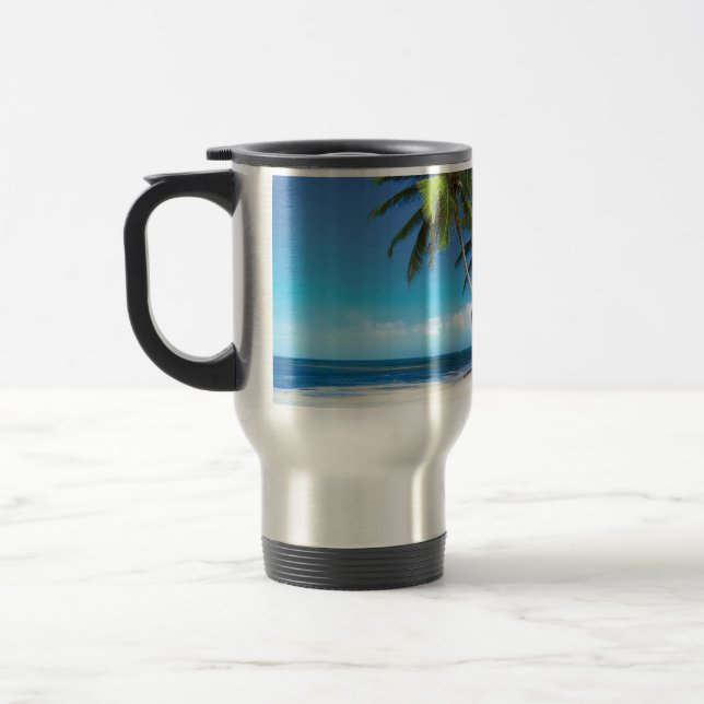 Exotic beach throw pillow travel mug (Left)