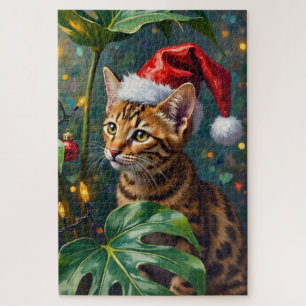 Exotic Bengal Cat Jungle Christmas Playtime Art Jigsaw Puzzle