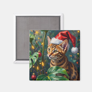 Exotic Bengal Cat Jungle Christmas Playtime Art Magnet