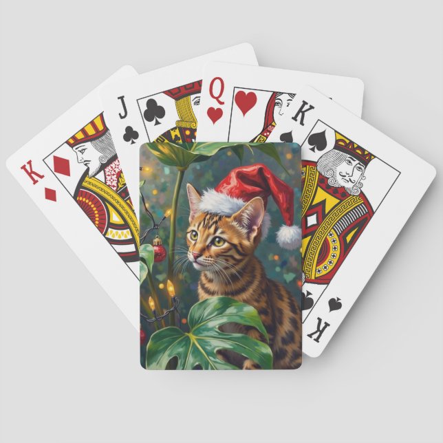 Exotic Bengal Cat Jungle Christmas Playtime Art Playing Cards (Back)