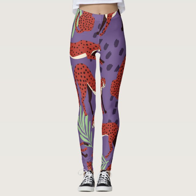Exotic big cats, tropical plants pattern. leggings (Front)