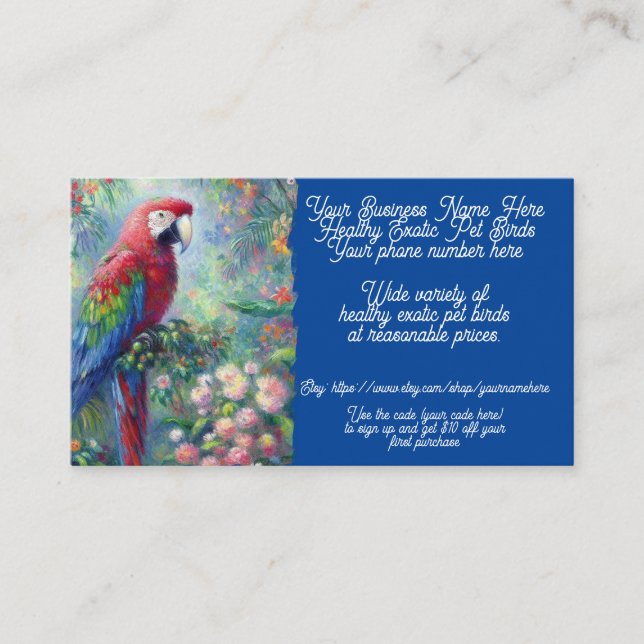 Exotic Bird Sales Shop Sales Etsy Parrot Cockatoo Business Card (Front)