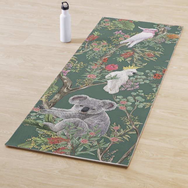 Exotic Birds and Koala Bear Green Floral Yoga Mat (In Situ)