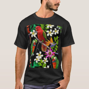 Exotic Birds Beautiful Flowers Pattern T-Shirt
