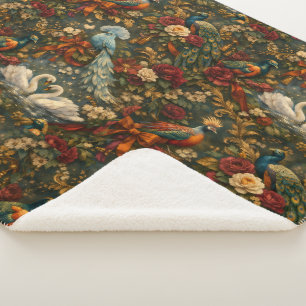 Exotic Birds Fantasy Antique Botanical Sherpa Blanket