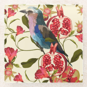Exotic birds, flowers, pomegranate, tropical. glass coaster
