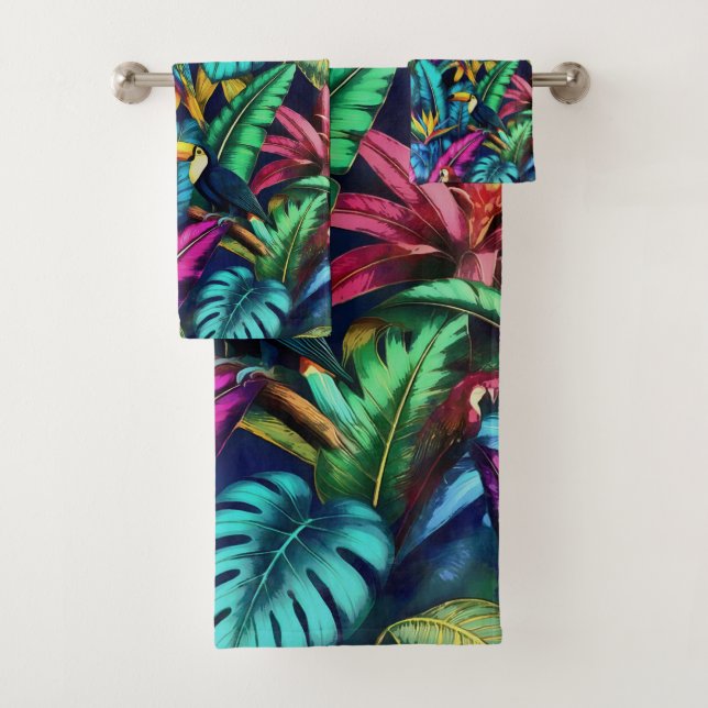 Exotic Birds Jungle Dreams Seamless Surface Patter Bath Towel Set (Insitu)