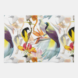 Exotic Birds of Paradise and Flowers Watercolor Tea Towel