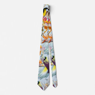 Exotic Birds of Paradise and Flowers Watercolor Tie