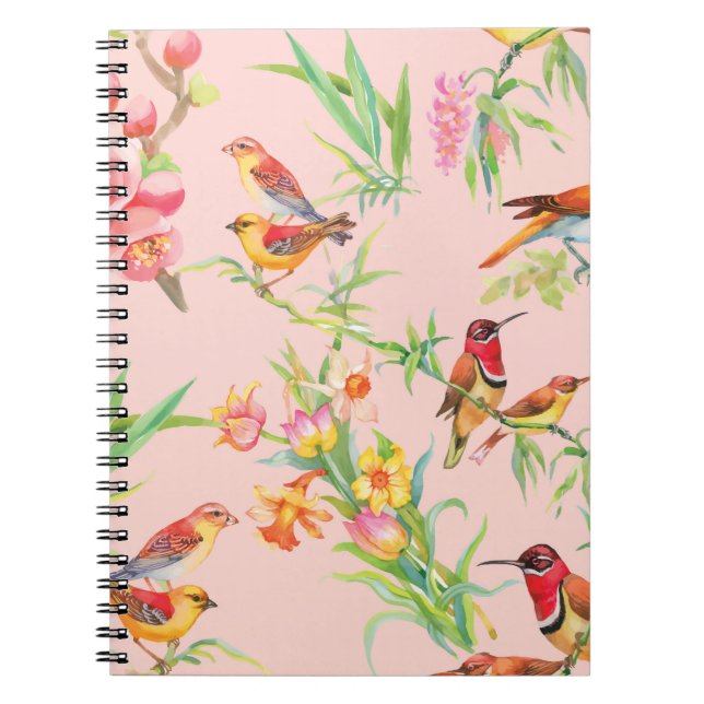 Exotic Birds: Vintage Floral Seamless. Notebook (Front)