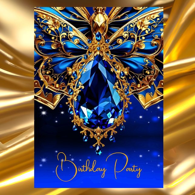 Exotic Birthday Colbolt Blue Gold Jewel Butterfly Invitation (Creator Uploaded)