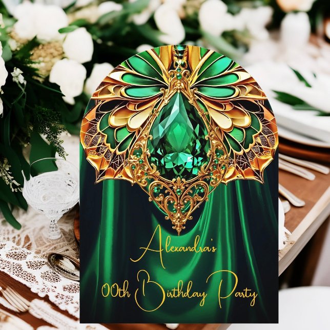 Exotic Birthday Emerald green Gold Jewel Butterfly Invitation (Creator Uploaded)