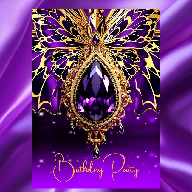 Exotic Birthday Purple Gold Jewel Butterfly Invitation (Creator Uploaded)