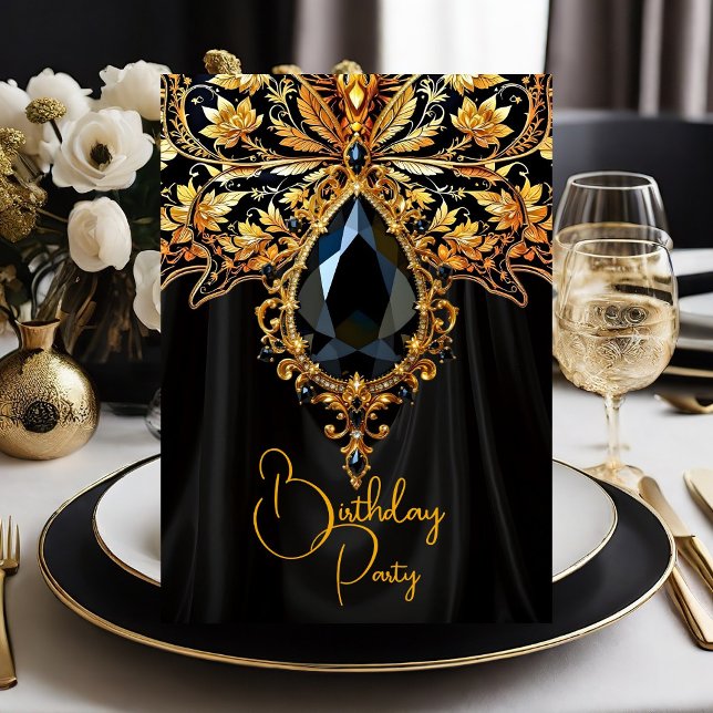 Exotic Birthday Rich Black Gold Jewel Butterfly Invitation (Creator Uploaded)