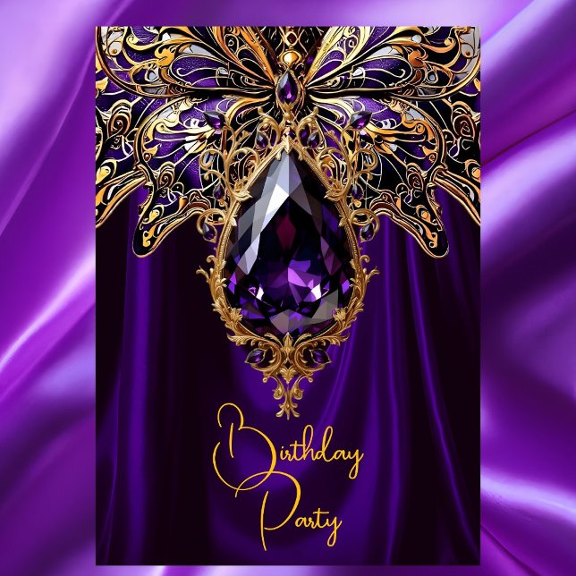 Exotic Birthday Rich Purple Gold Jewel Butterfly Invitation (Creator Uploaded)