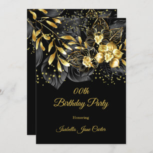 Exotic Black Floral Gold Birthday Party  Invitation