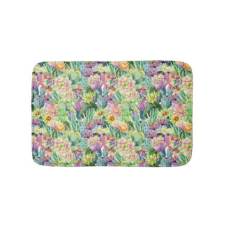 Exotic Blooming Watercolor Cacti Pattern Bath Mat