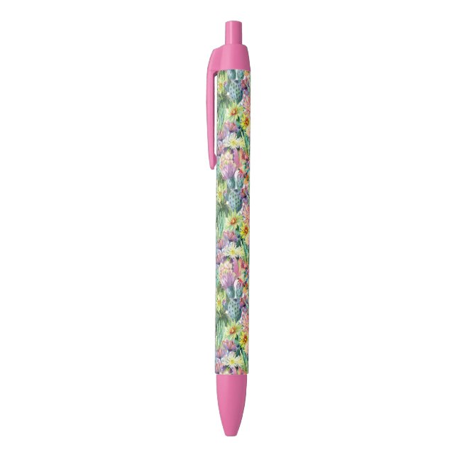 Exotic Blooming Watercolor Cacti Pattern Black Ink Pen (Top (Vertical))