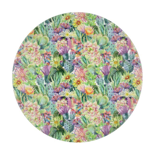 Exotic Blooming Watercolor Cacti Pattern Cutting Board (Front)