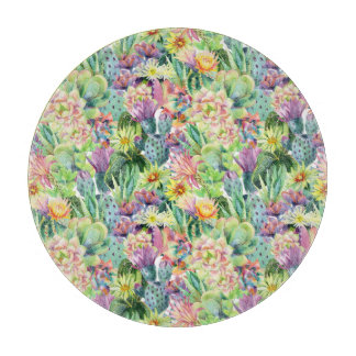 Exotic Blooming Watercolor Cacti Pattern Cutting Board