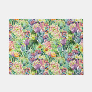 Exotic Blooming Watercolor Cacti Pattern Doormat