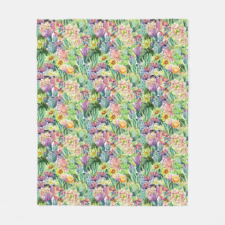 Exotic Blooming Watercolor Cacti Pattern Fleece Blanket