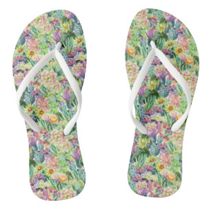 Exotic Blooming Watercolor Cacti Pattern Jandals