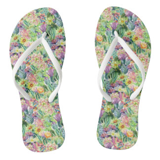 Exotic Blooming Watercolor Cacti Pattern Jandals