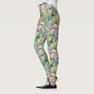 Exotic Blooming Watercolor Cacti Pattern Leggings