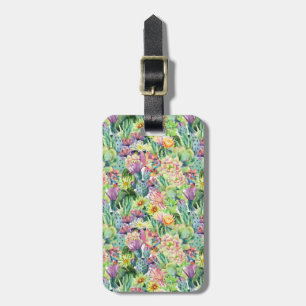 Exotic Blooming Watercolor Cacti Pattern Luggage Tag