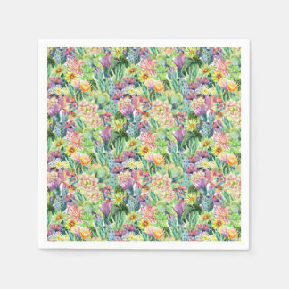 Exotic Blooming Watercolor Cacti Pattern Napkin