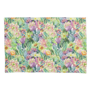 Exotic Blooming Watercolor Cacti Pattern Pillowcase