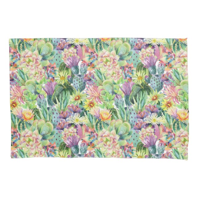 Exotic Blooming Watercolor Cacti Pattern Pillowcase (Front-Left)