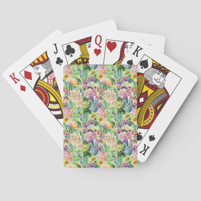 Exotic Blooming Watercolor Cacti Pattern Playing Cards (Back)