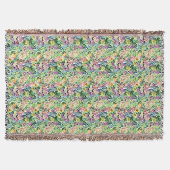 Exotic Blooming Watercolor Cacti Pattern Throw Blanket (Front)