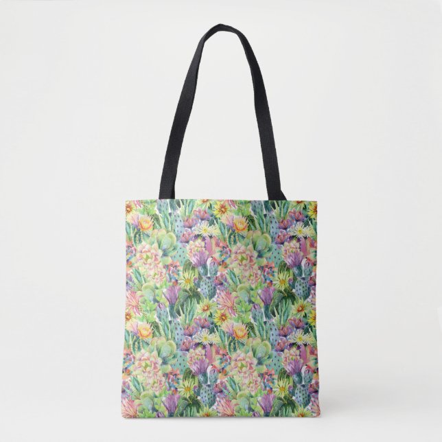 Exotic Blooming Watercolor Cacti Pattern Tote Bag (Front)