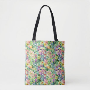 Exotic Blooming Watercolor Cacti Pattern Tote Bag
