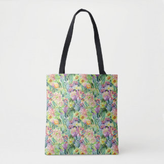 Exotic Blooming Watercolor Cacti Pattern Tote Bag