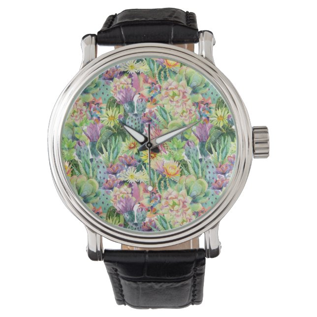 Exotic Blooming Watercolor Cacti Pattern Watch (Front)