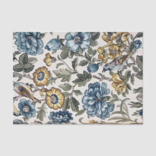 Exotic Blue and Gold Flowers & Birds Tissue Paper