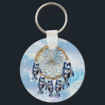 Exotic Blue Dream Catcher Groomsman gift Key Ring<br><div class="desc">A dream catcher that includes the round circle of bamboo and red beads in the web with blue exotic-parrot bird tone feathers on a soft blues feather background . wedding gifts</div>