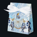 Exotic Blue Dream Catcher Wedding Favour Box<br><div class="desc">A dream catcher that includes the round circle of bamboo and red beads in the web with blue exotic-parrot bird tone feathers on a soft blues feather background for a wedding.</div>